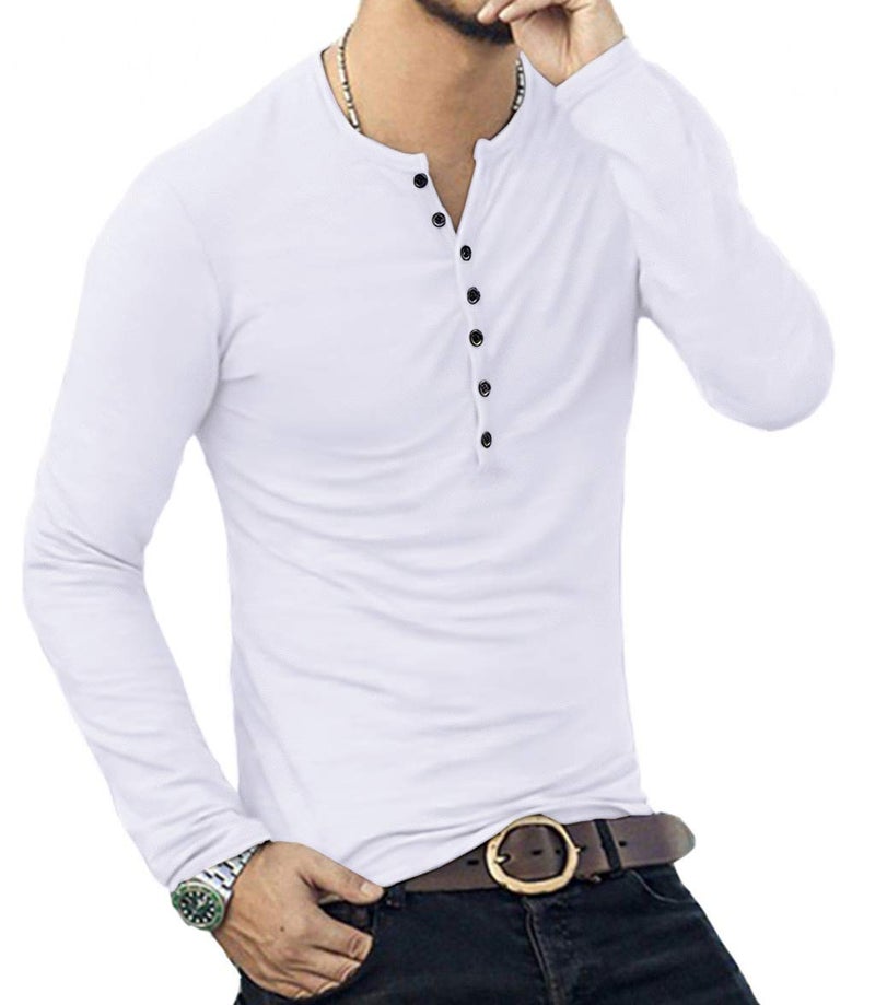 YTD Mens Casual Slim Fit Basic Henley Long Sleeve Fashion T-Shirt M White - Image 5